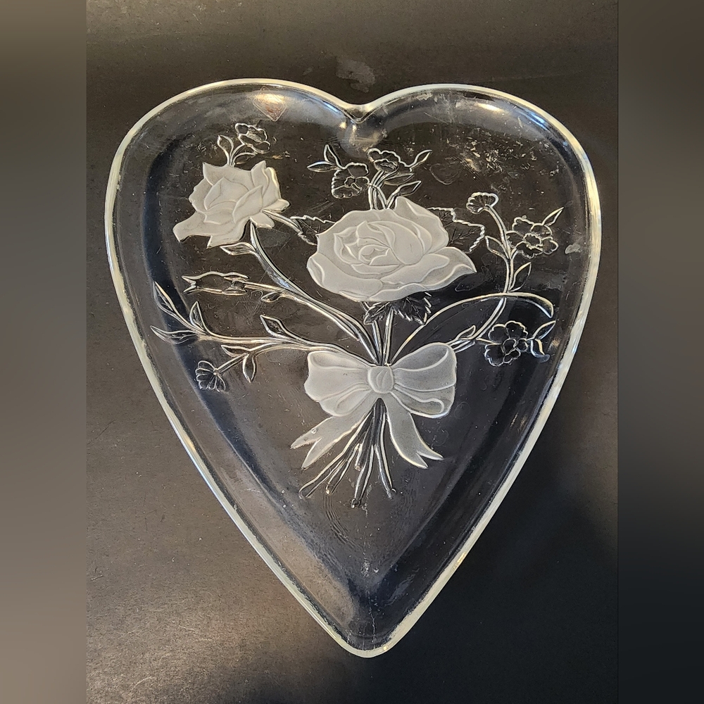 Decorative Heart Shaped Embossed Roses Glass Platter Serving Tray Made in Italy